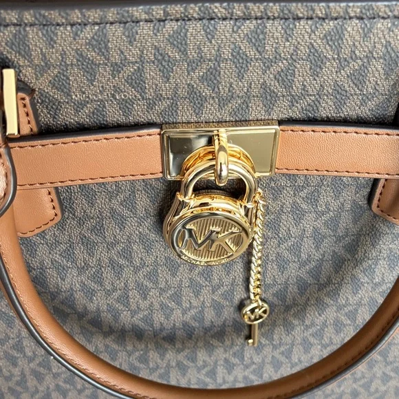 Michael Kors Brown/Tan MK Logo Satchel with Gold Accent - Picture 2 of 7